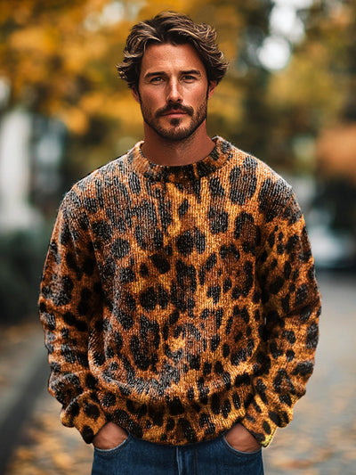 Gentleman Vintage Irregular Leopard Art Print Knit Crew Neck Pullover Sweater