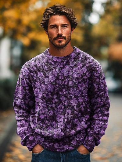 Gentleman Vintage Purple Floral Art Print Knit Crew Neck Pullover Sweater