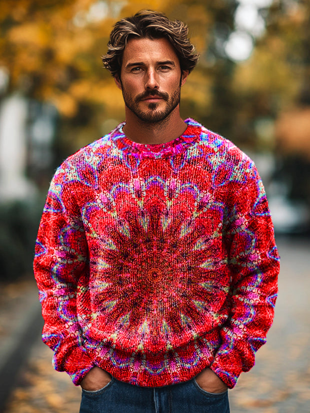 Gentleman Vintage Christmas Red Mandala Art Print Knit Crew Neck Pullover Sweater