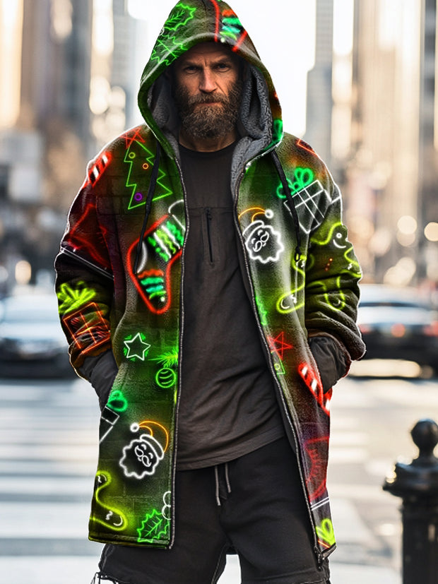 Gentleman Vintage Christmas Neon Art Deco Print Thick Padded Zipper Hooded Jacket