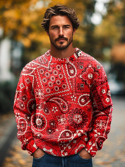 Gentleman Vintage Christmas Red Pace Art Print Knit Crew Neck Pullover Sweater