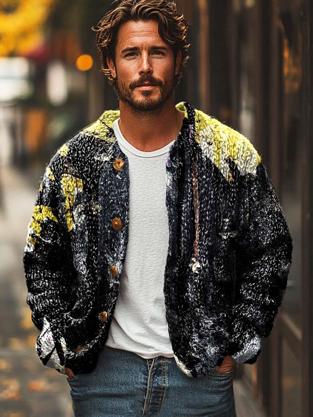 Men's vintage fashion abstract texture print sweater cardigan