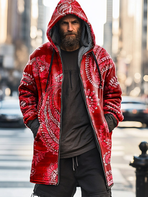 Gentleman Vintage Christmas Red Paisley Art Print Thick Padded Zipper Hooded Jacket