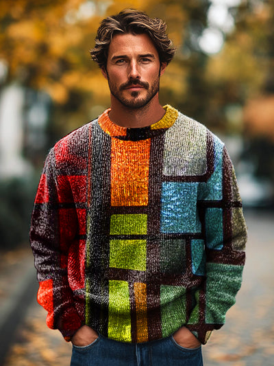 Gentleman Vintage Colorful Geometric Art Print Knit Crew Neck Pullover Sweater