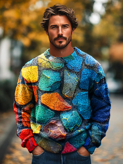 Gentleman Vintage Colorful Stone Art Print Knit Crew Neck Pullover Shirt