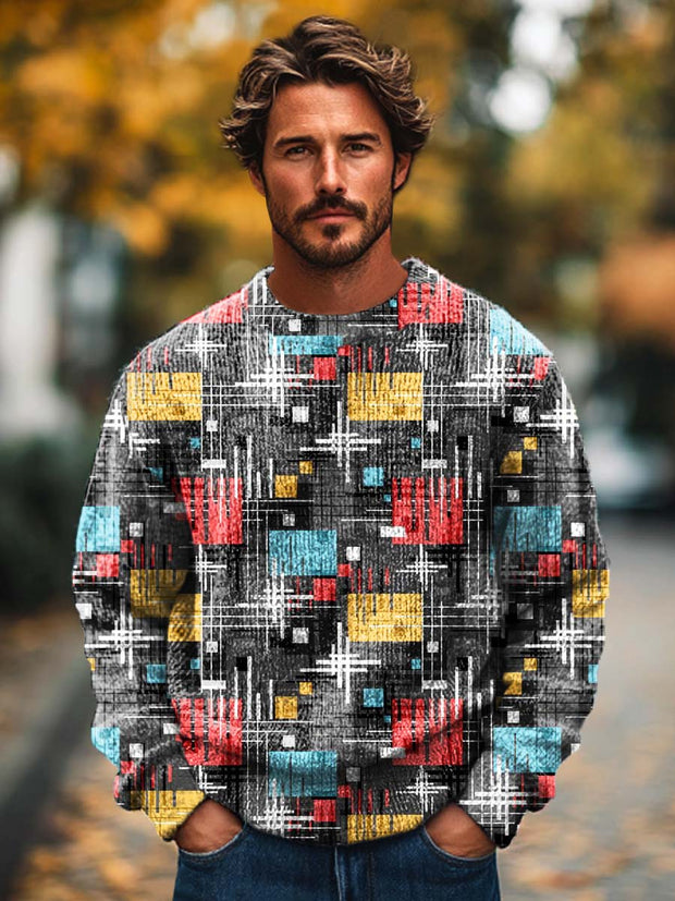 Men's trendy and versatile abstract geometric print crewneck sweater