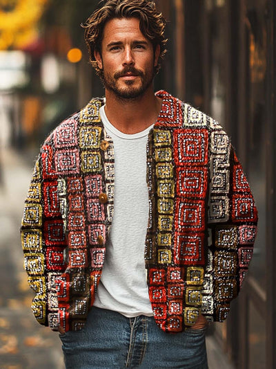 Men's vintage abstract geometric print sweater cardigan