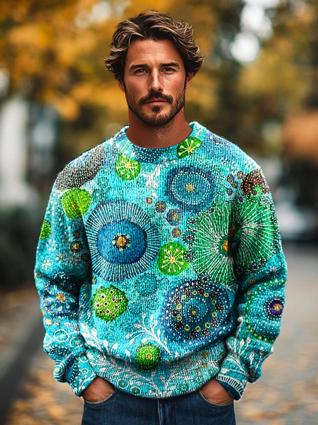 Gentleman Vintage Irregular Botanical Art Print Knit Crew Neck Pullover Sweater