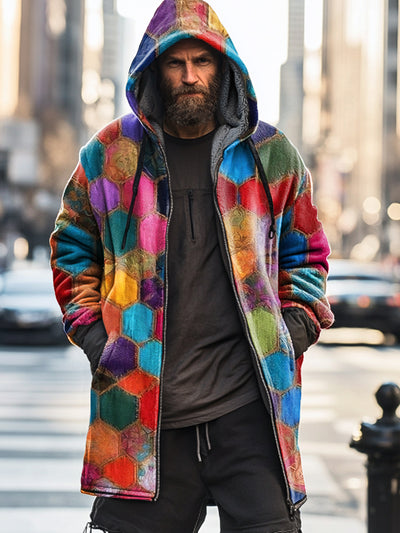 Gentleman Vintage Rainbow Color Geometric Art Print Thick Padded Zipper Hooded Jacket