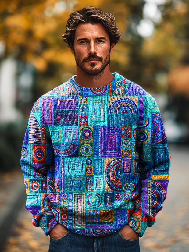 Gentleman Vintage Multicolor Irregular Geometric Art Print Knit Crew Neck Pullover Shirt