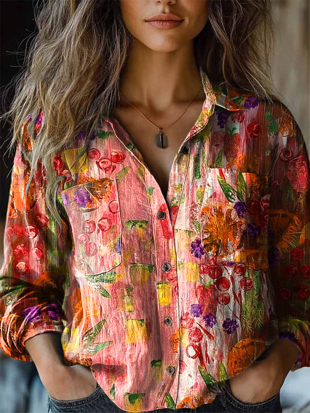 Women's Vintage Abstract Fruit Art Print Cotton Linen Long Sleeve Lapel Shirt