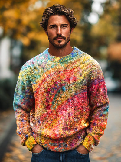 Gentleman Vintage Rainbow Gradient Art Print Knit Crew Neck Pullover Shirt