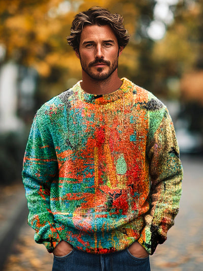 Gentleman's Casual Abstract Colorful Graffiti Art Print Knit Crew Neck Pullover