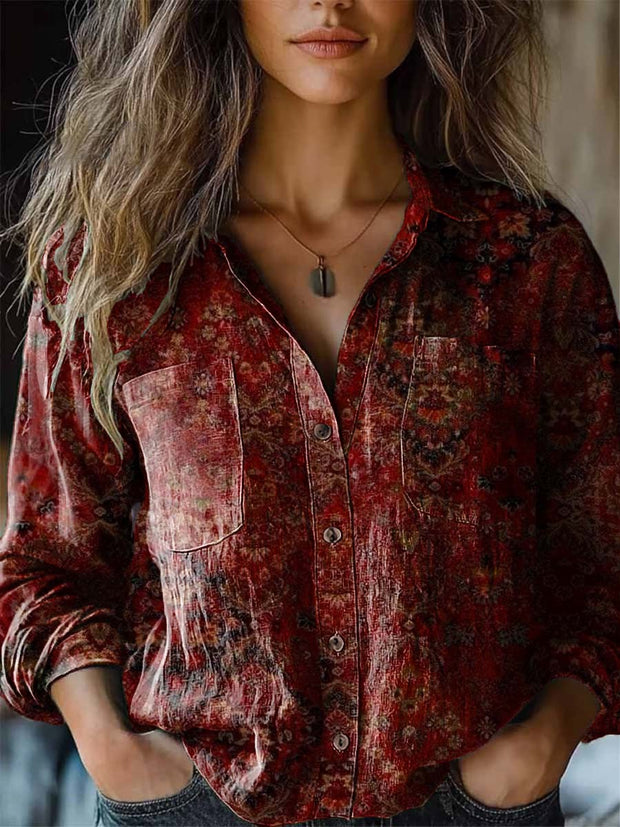 Women's red vintage floral print long-sleeved shirt