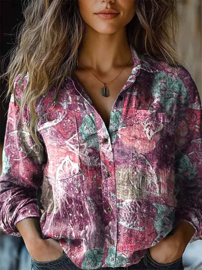 Women's fashionable and versatile long-sleeved shirt with plant leaf print