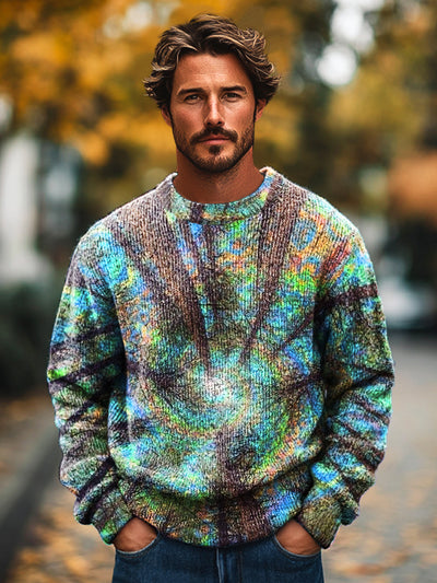 Gentleman's Casual Abstract Forest Daylight Art Print Knit Crew Neck Pullover Jacket