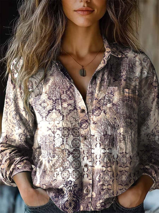 Women's vintage fashion ethnic print long sleeve shirt