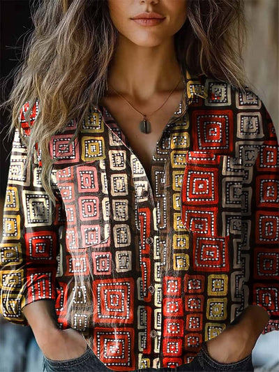 Women's vintage abstract geometric print long-sleeved shirt