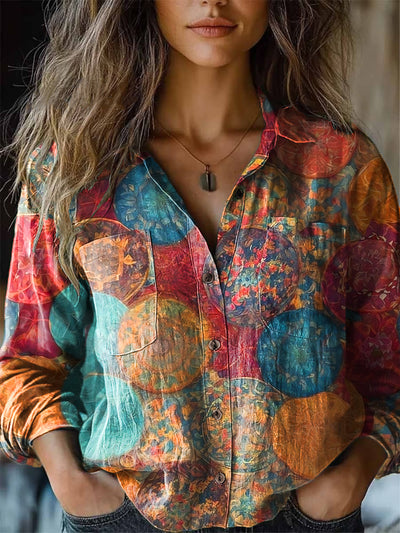 Women's Vintage Colorful Spherical Art Print Cotton Linen Long Sleeve Lapel Shirt