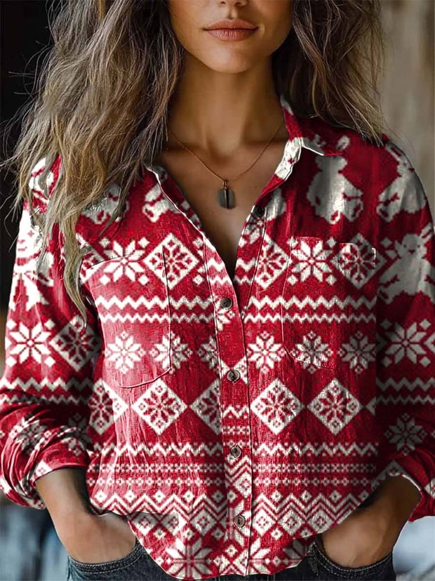 Women's Christmas Cute Bunny Snowflake Print Long Sleeve Shirt