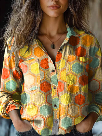 Women's Vintage Multicolor Geometric Art Print Cotton Linen Long Sleeve Lapel Shirt