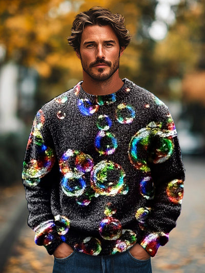 Gentleman's Casual Colorful Bubble Art Print Knit Crew Neck Pullover Sweatshirt