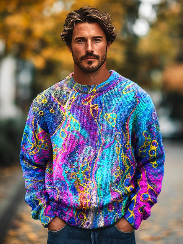 Gentleman's Casual Multicolor Textured Art Print Knit Crew Neck Pullover Shirt