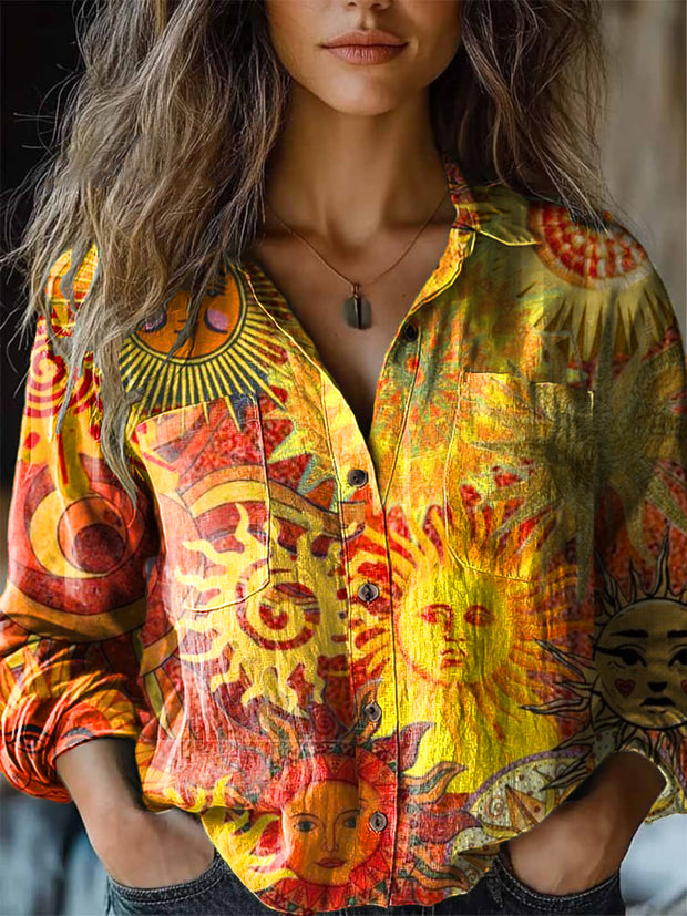 Women's Vintage Sun God Art Print Cotton Linen Long Sleeve Lapel Shirt