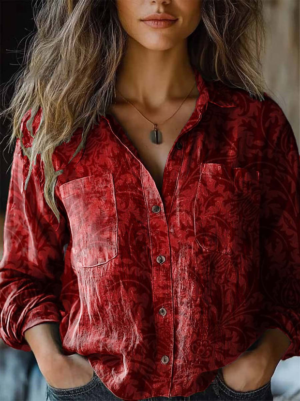 Women's red vintage pattern fashion print long-sleeved shirt