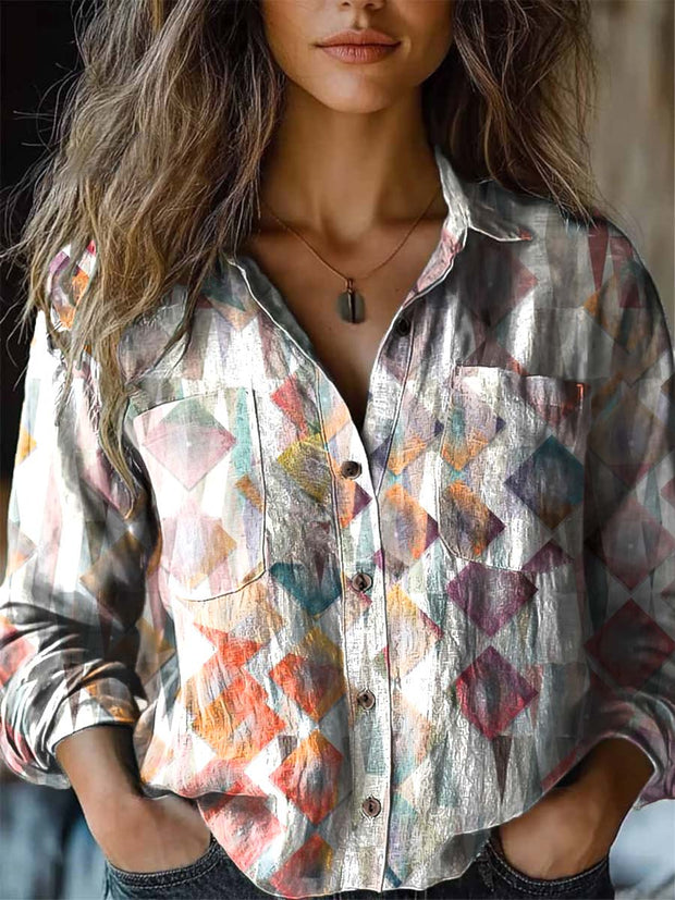 Women's colorful geometric fashion print long-sleeved shirt