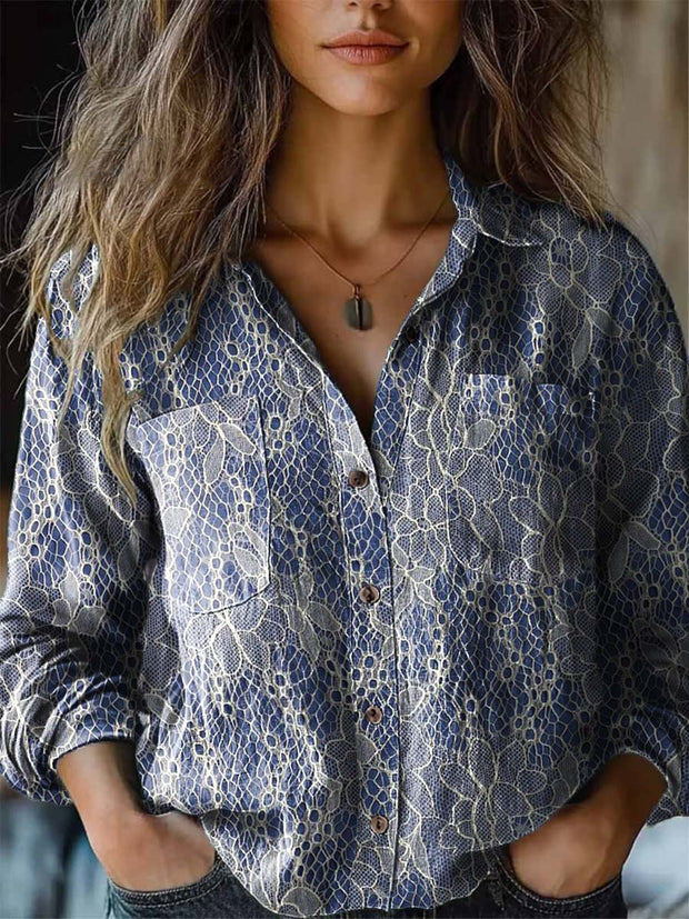 Sweet cute lace fashion print long sleeve shirt for women