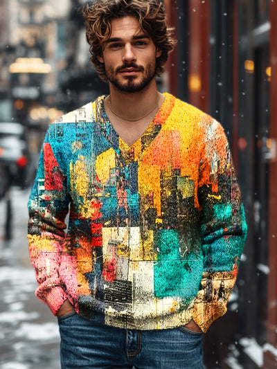 Gentleman's Vintage Colorblock Graffiti Art Print Knit V-Neck Pullover Sweatshirt