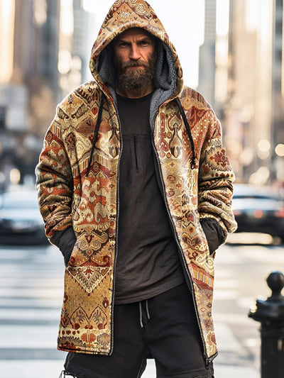 Gentleman Vintage Ethnic Geometric Art Print Thick Padded Hooded Zipper Jacket