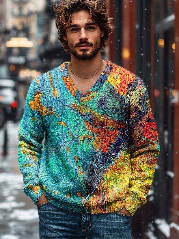 Gentleman Vintage Abstract Multicolor Textured Art Print Knit V-Neck Pullover