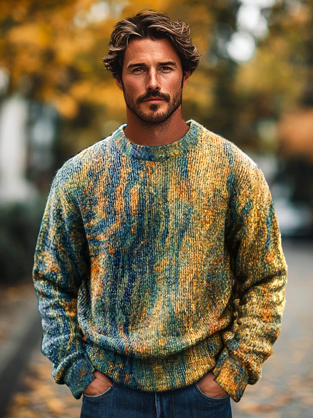 Gentleman's Vintage Gradient Textured Art Print Knit Crew Neck Pullover Sweatshirt