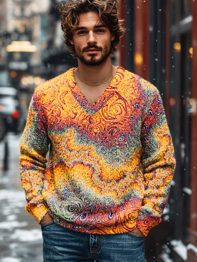 Gentleman Vintage Abstract Textured Art Print Knit V-Neck Pullover Shirt