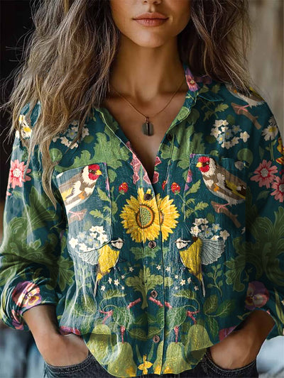 Women's Romantic Floral & Toro Art Print Long Sleeve Lapel Shirt