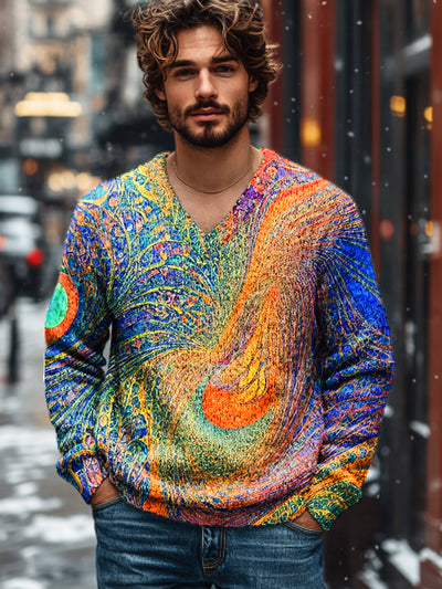 Gentleman Vintage Multicolor Irregular Textured Art Print Knit V-Neck Pullover Shirt