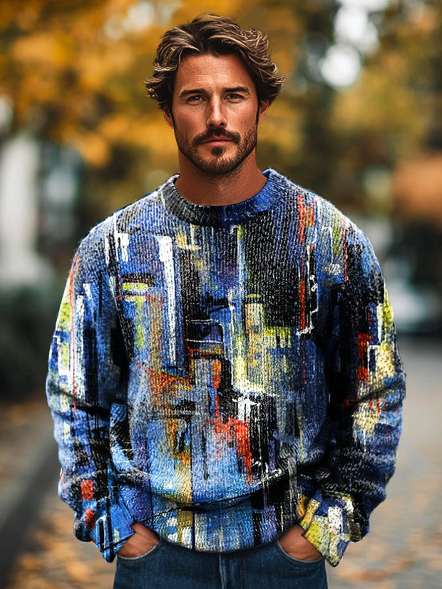 Gentleman Vintage Abstract Graffiti Art Print Knit Crew Neck Pullover