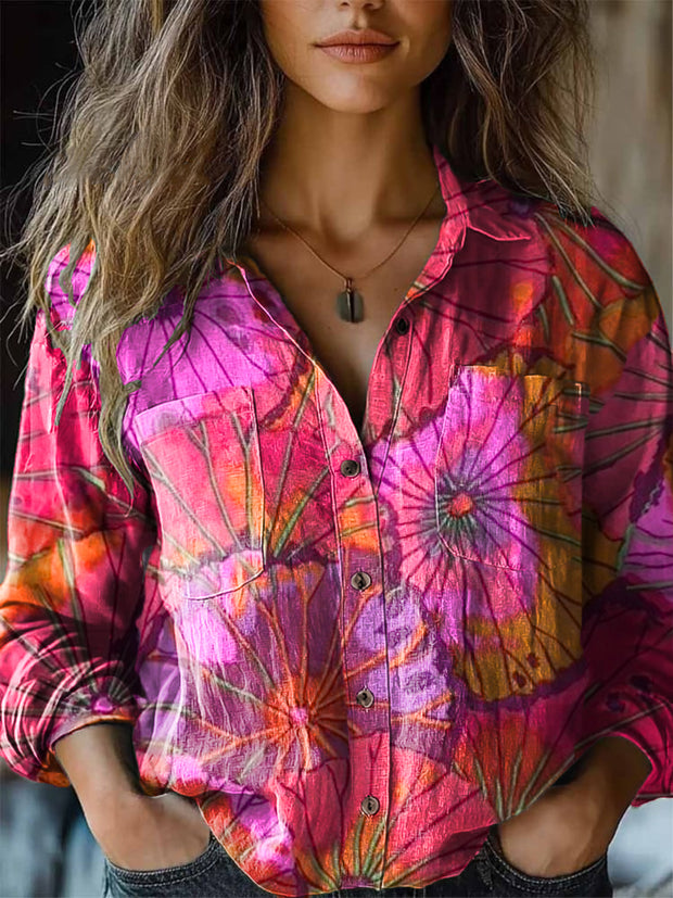 Women's Vintage Abstract Lotus Leaf Art Print Long Sleeve Lapel Shirt