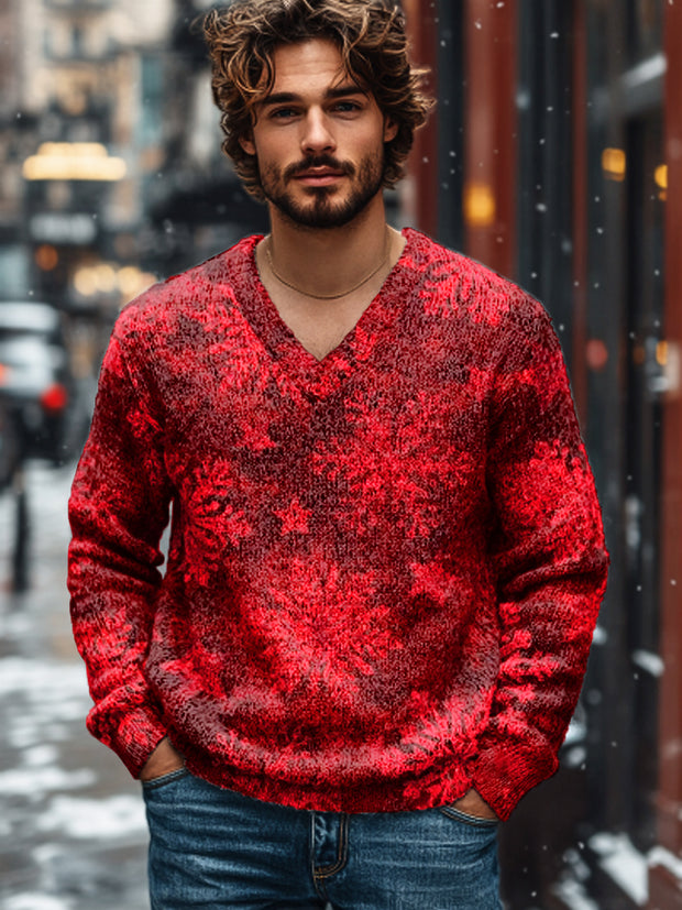 Gentleman Vintage Christmas Red Snowflake Art Print Knit V-Neck Pullover Shirt