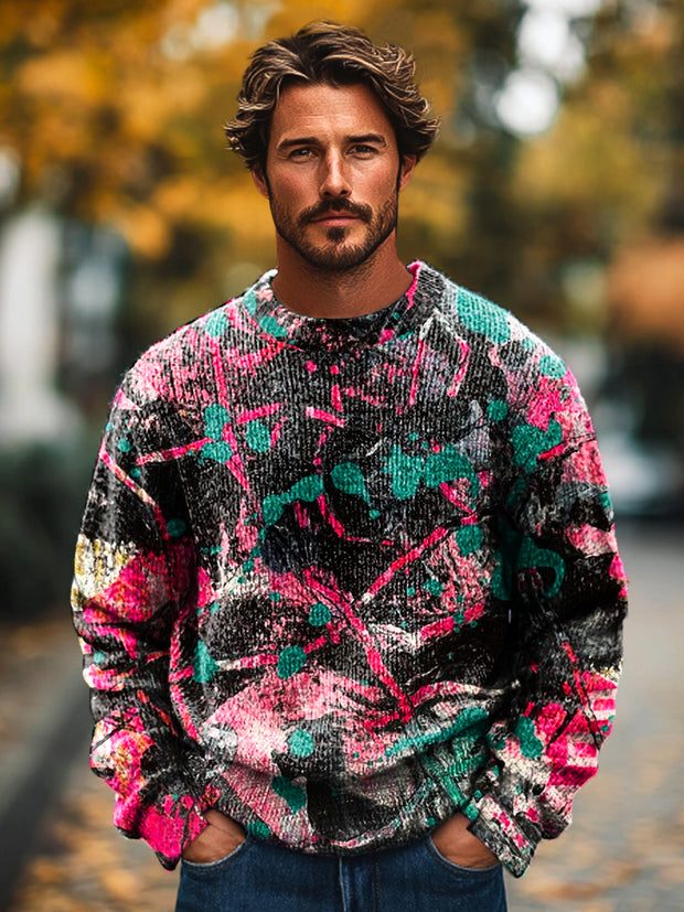 Gentleman Vintage Colorful Abstract Graffiti Art Print Knit Crew Neck Pullover