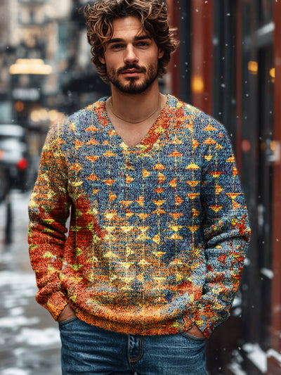 Gentleman Vintage Ethnic Geometric Art Print Knit V-Neck Pullover Shirt