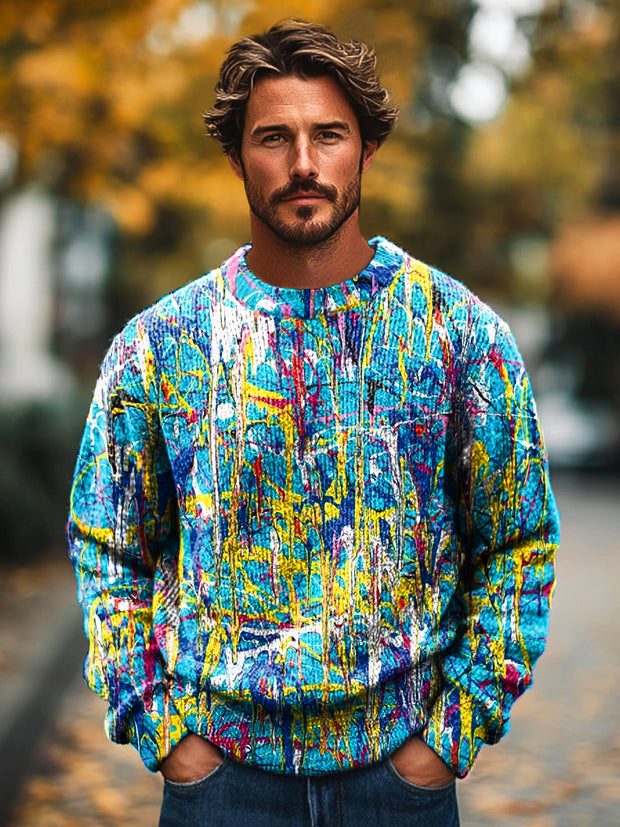 Gentleman's Casual Colorful Abstract Ink Art Print Knit Crew Neck Pullover Hoodie