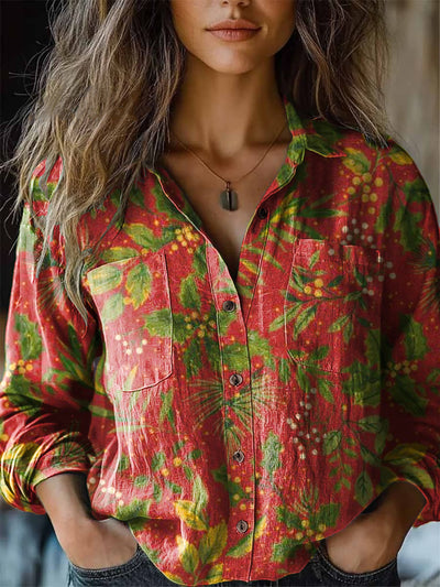 Women's Vintage Christmas Red Green Leaf Art Print Long Sleeve Lapel Shirt