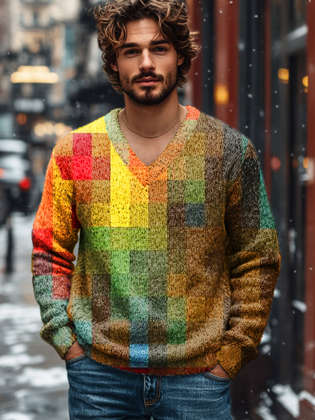 Gentleman Vintage Iridescent Color Block Art Print Knit V-Neck Pullover