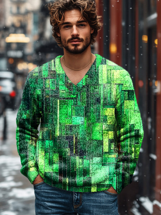 Gentleman Vintage Green Gradient Geometric Art Print Knit V-Neck Pullover Shirt