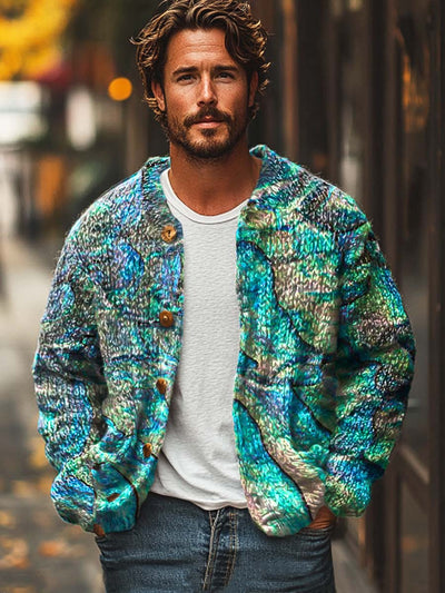 Men's fashion versatile abstract texture art print long sleeve sweater cardigan