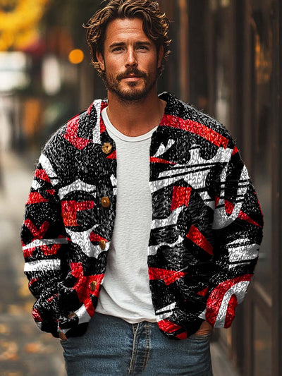 Men's abstract fashion texture art print long sleeve sweater cardigan