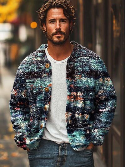 Men's abstract texture art print long-sleeved sweater cardigan